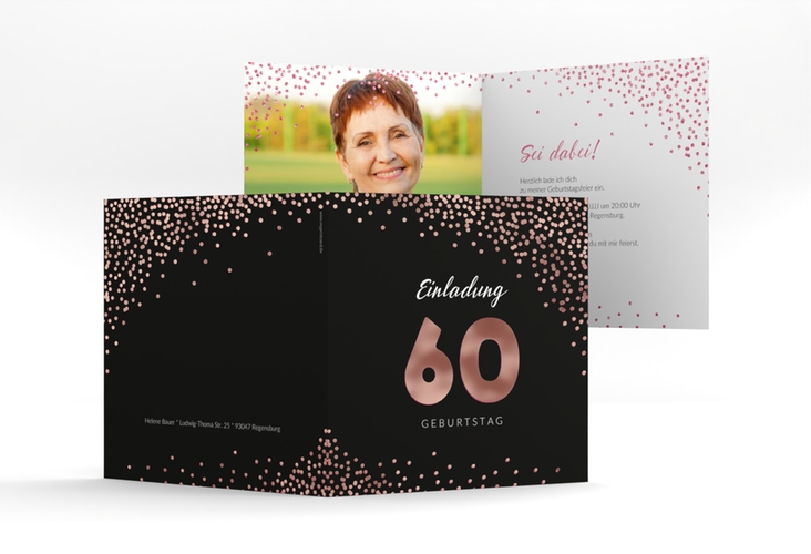 Einladung 60. Geburtstag Glitzer quadr. Klappkarte pink rosegold