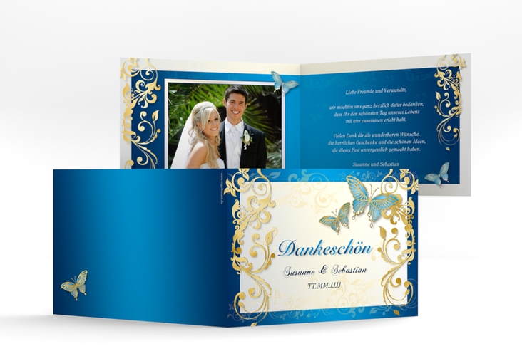 Danksagungskarte Hochzeit Toulouse A6 Klappkarte quer blau gold