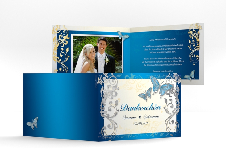 Danksagungskarte Hochzeit Toulouse A6 Klappkarte quer blau silber