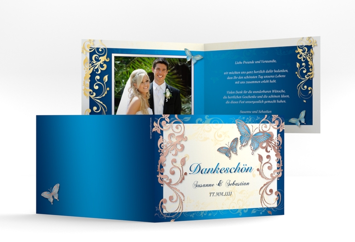 Danksagungskarte Hochzeit Toulouse A6 Klappkarte quer blau rosegold