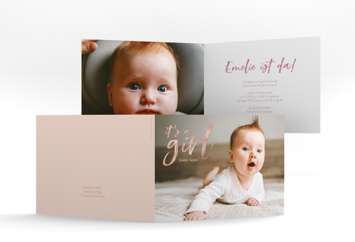 Geburtskarte Girl A6 Klappkarte quer rosa rosegold
