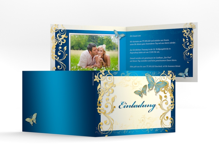 Hochzeitseinladung Toulouse A6 Klappkarte quer blau gold mit Schmetterlingen und Schnörkeln