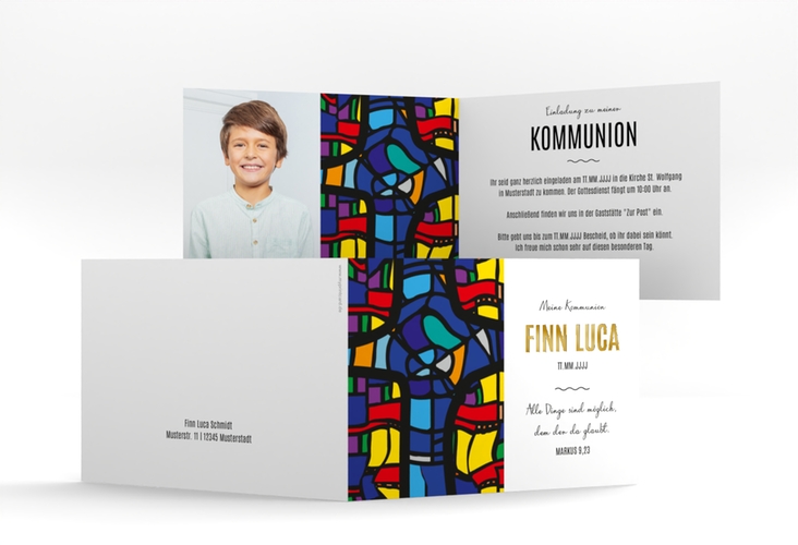Kommunionseinladung Kirchenfenster A6 Klappkarte quer bunt gold