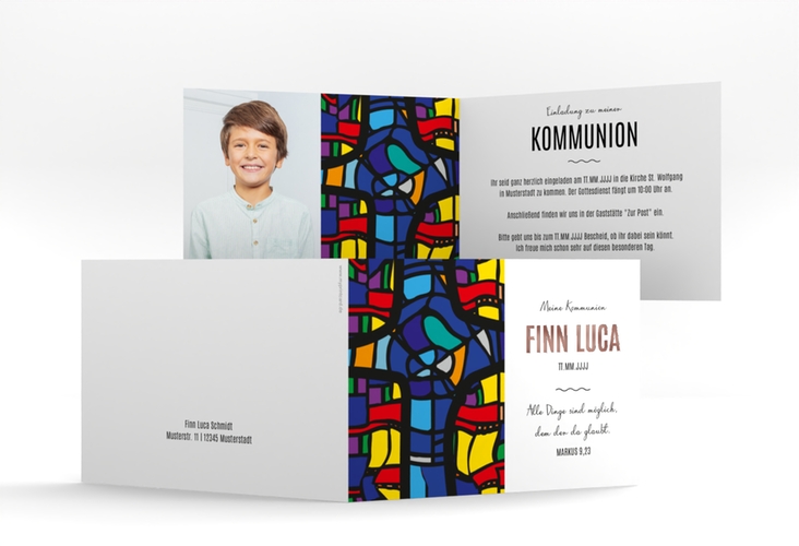 Kommunionseinladung Kirchenfenster A6 Klappkarte quer bunt rosegold