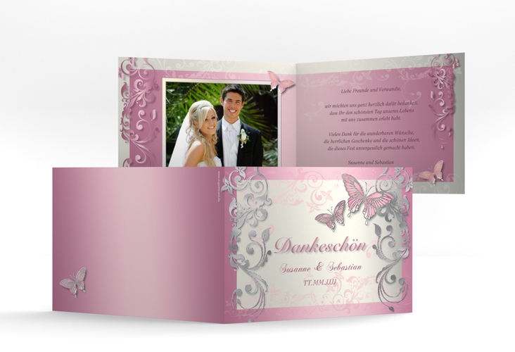 Danksagungskarte Hochzeit Toulouse A6 Klappkarte quer rosa silber