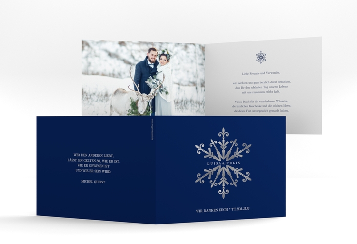 Danksagungskarte Hochzeit Crystal A6 Klappkarte quer blau silber mit Eiskristall