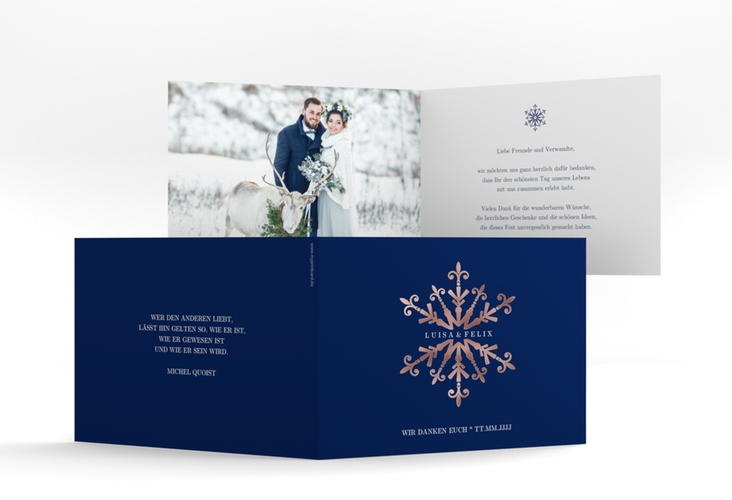 Danksagungskarte Hochzeit Crystal A6 Klappkarte quer blau rosegold mit Eiskristall