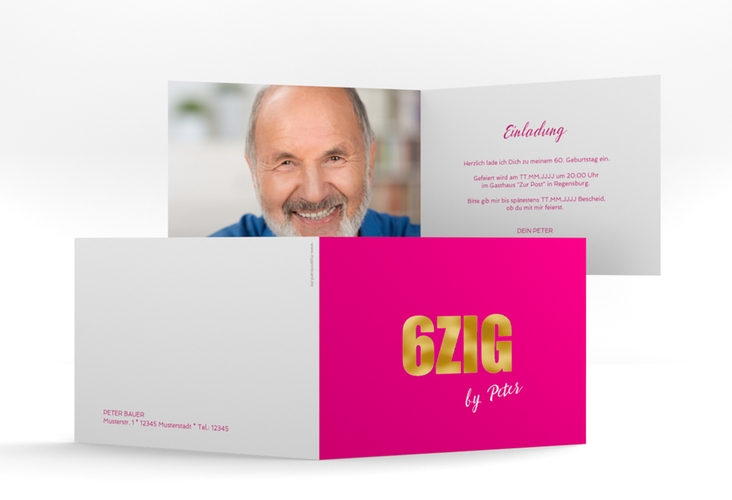 Einladung 60. Geburtstag Zig A6 Klappkarte quer pink gold