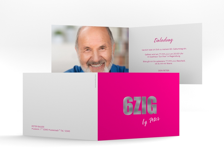 Einladung 60. Geburtstag Zig A6 Klappkarte quer pink silber