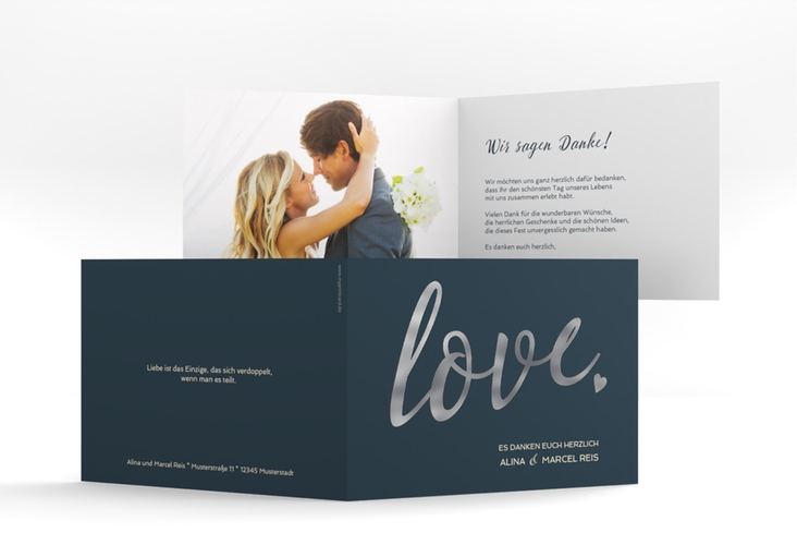 Danksagungskarte Hochzeit Glam A6 Klappkarte quer blau silber