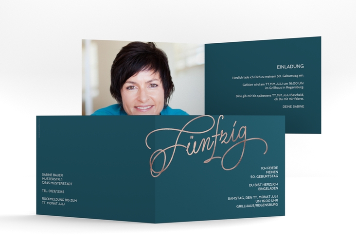Einladung 50. Geburtstag Schwungvoll A6 Klappkarte quer blau rosegold