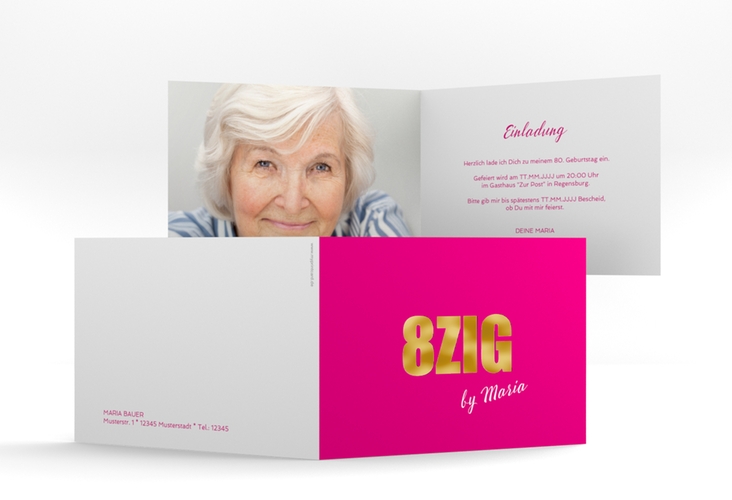Einladung 80. Geburtstag Zig A6 Klappkarte quer pink gold