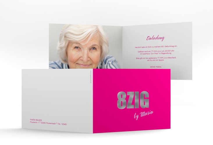 Einladung 80. Geburtstag Zig A6 Klappkarte quer pink silber