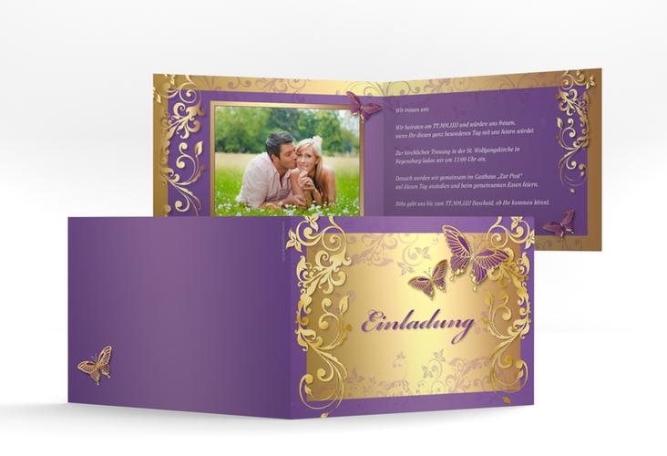 Hochzeitseinladung Toulouse A6 Klappkarte quer lila gold mit Schmetterlingen und Schnörkeln