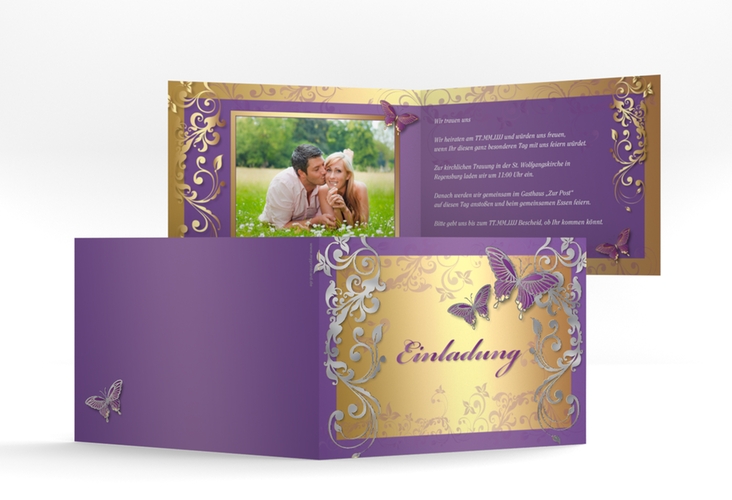 Hochzeitseinladung Toulouse A6 Klappkarte quer lila silber mit Schmetterlingen und Schnörkeln