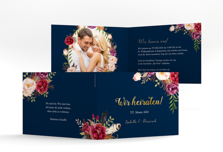 Hochzeitseinladung Flowers A6 Klappkarte quer blau gold mit bunten Aquarell-Blumen