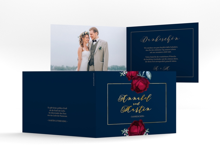 Danksagungskarte Hochzeit Peonies A6 Klappkarte quer blau gold elegant mit Pfingstrosen