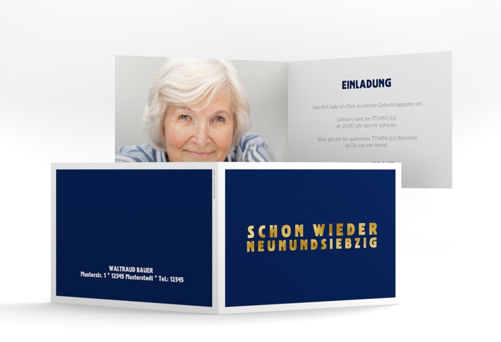 Einladung 80. Geburtstag Gag A6 Klappkarte quer blau gold