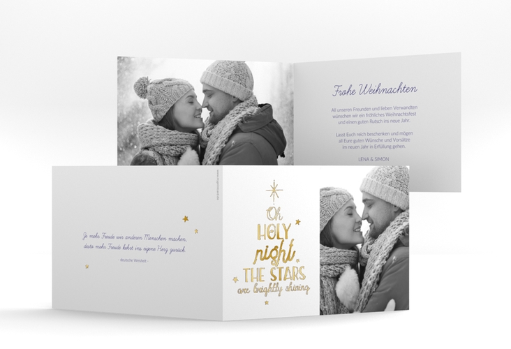 Weihnachtskarte Winterhimmel A6 Klappkarte quer blau gold mit Handlettering-Text und Foto