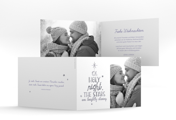 Weihnachtskarte Winterhimmel A6 Klappkarte quer blau silber mit Handlettering-Text und Foto