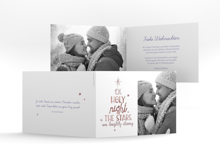 Weihnachtskarte Winterhimmel A6 Klappkarte quer blau rosegold mit Handlettering-Text und Foto