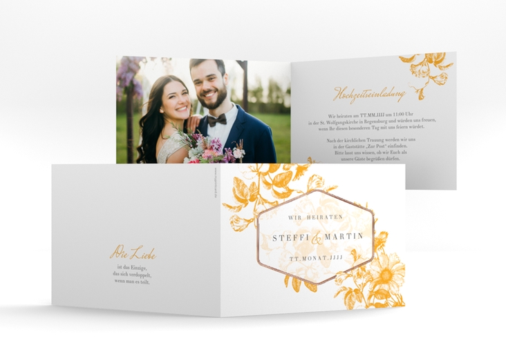 Einladungskarte Hochzeit Magnificent A6 Klappkarte quer gelb rosegold