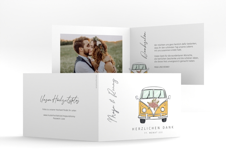 Danksagungskarte Hochzeit Hochzeitsbulli A6 Klappkarte quer gelb silber