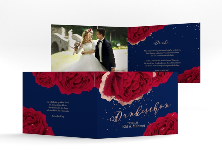 Danksagungskarte Hochzeit Cherie A6 Klappkarte quer blau rosegold