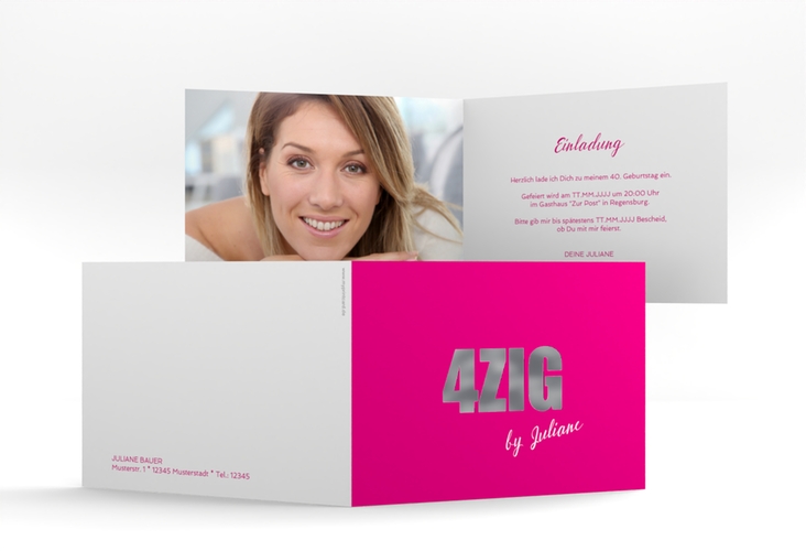 Einladung 40. Geburtstag Zig A6 Klappkarte quer pink silber