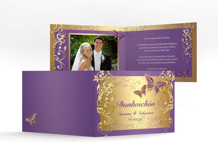 Danksagungskarte Hochzeit Toulouse A6 Klappkarte quer lila gold
