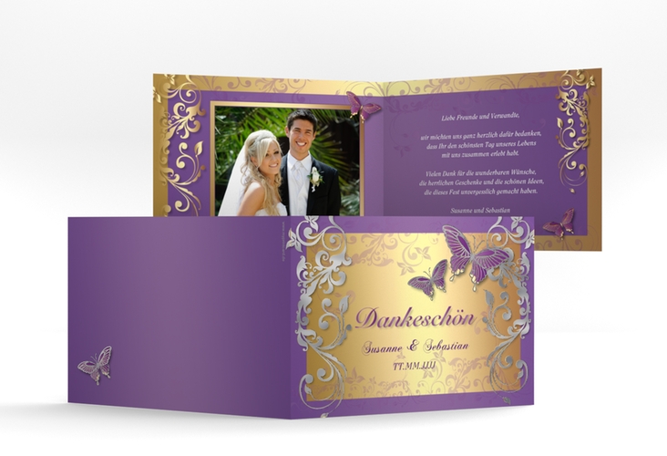 Danksagungskarte Hochzeit Toulouse A6 Klappkarte quer lila silber