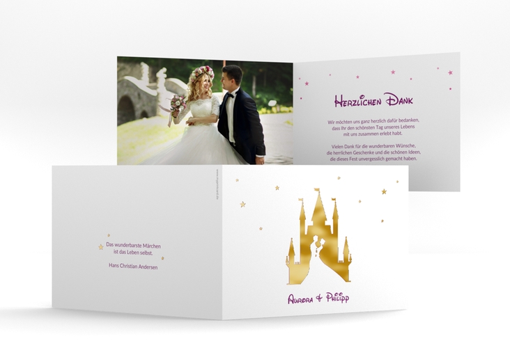 Danksagungskarte Hochzeit Castle A6 Klappkarte quer pink gold