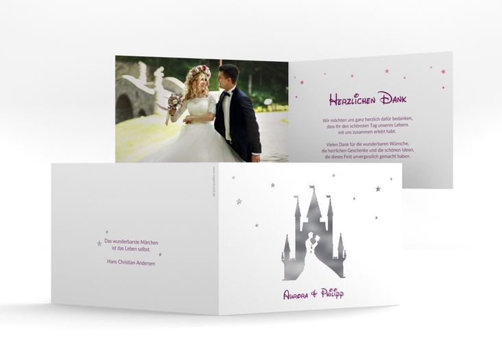 Danksagungskarte Hochzeit Castle A6 Klappkarte quer pink silber