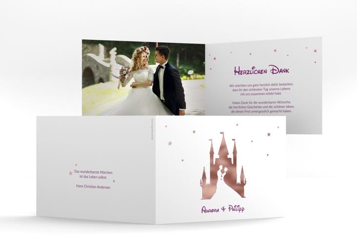 Danksagungskarte Hochzeit Castle A6 Klappkarte quer pink rosegold