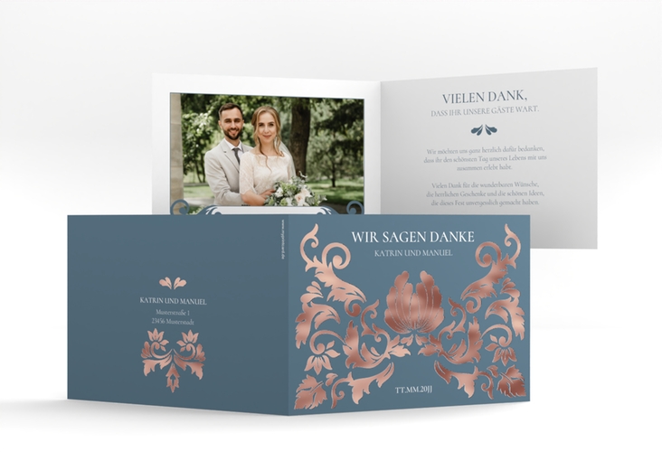 Danksagungskarte Hochzeit Royal A6 Klappkarte quer blau rosegold mit barockem Blumen-Ornament