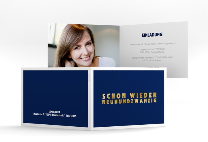 Einladung 30. Geburtstag Gag A6 Klappkarte quer blau gold