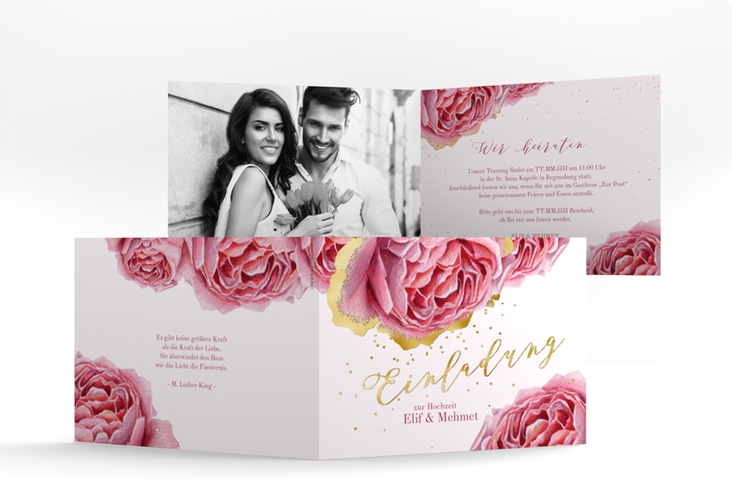 Hochzeitseinladung Cherie A6 Klappkarte quer rosa gold