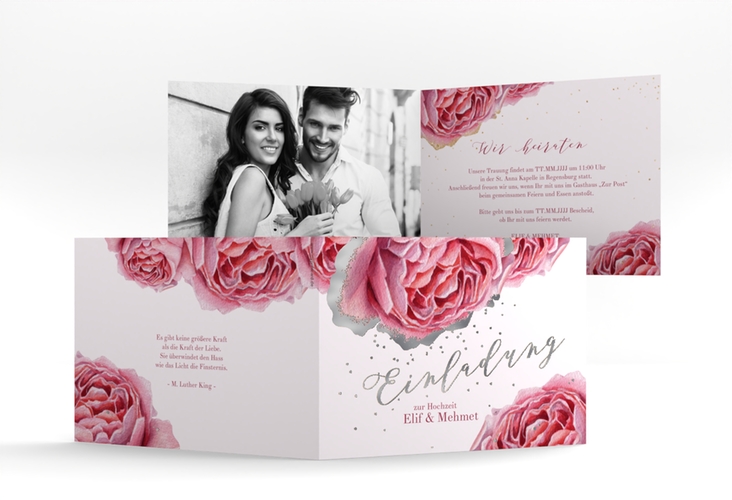 Hochzeitseinladung Cherie A6 Klappkarte quer rosa silber
