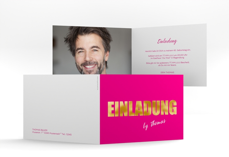 Einladung Geburtstag Zig A6 Klappkarte quer pink gold