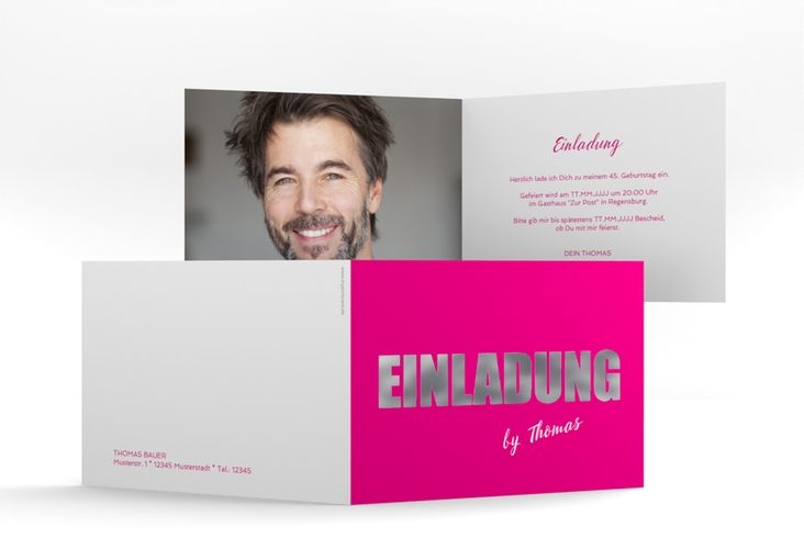 Einladung Geburtstag Zig A6 Klappkarte quer pink silber