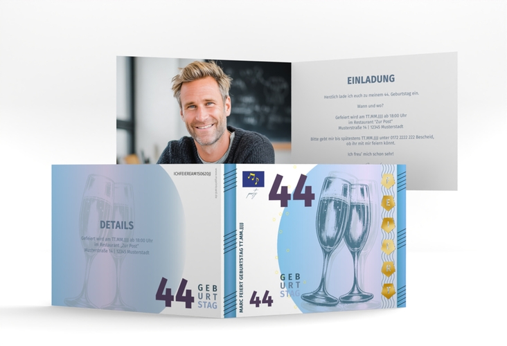 Einladung Geburtstag Geldschein A6 Klappkarte quer blau gold