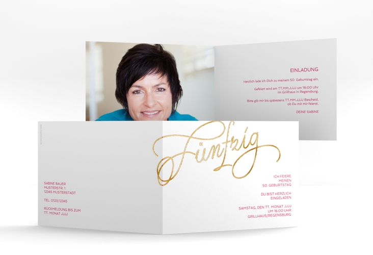 Einladung 50. Geburtstag Schwungvoll A6 Klappkarte quer pink gold