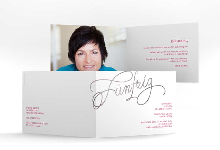 Einladung 50. Geburtstag Schwungvoll A6 Klappkarte quer pink silber