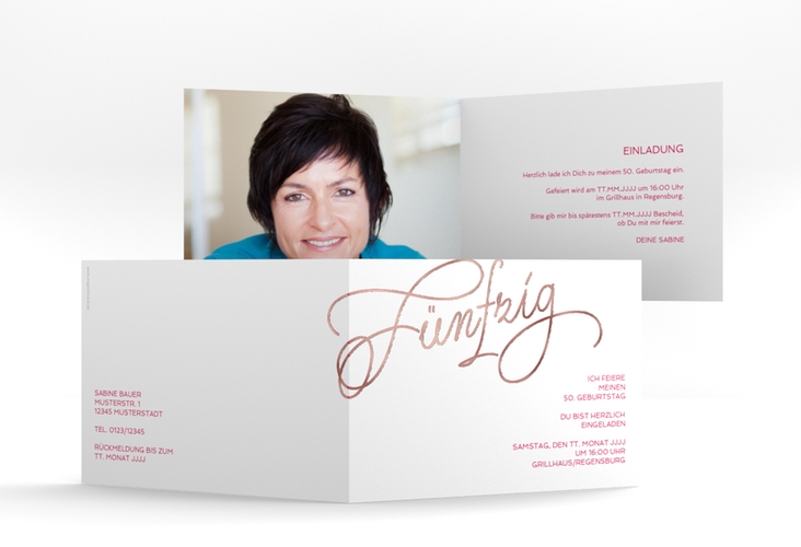 Einladung 50. Geburtstag Schwungvoll A6 Klappkarte quer pink rosegold