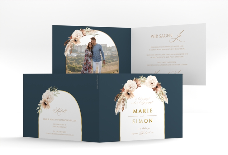 Hochzeitseinladung Blumenbogen A6 Klappkarte quer blau gold