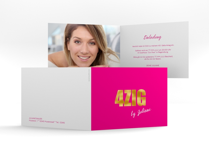 Einladung 40. Geburtstag Zig A6 Klappkarte quer pink gold