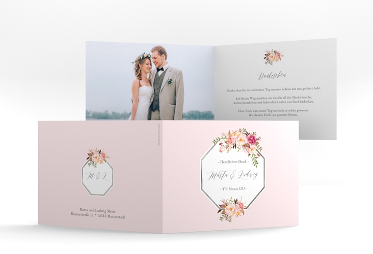 Danksagungskarte Hochzeit Prachtvoll A6 Klappkarte quer rosa silber