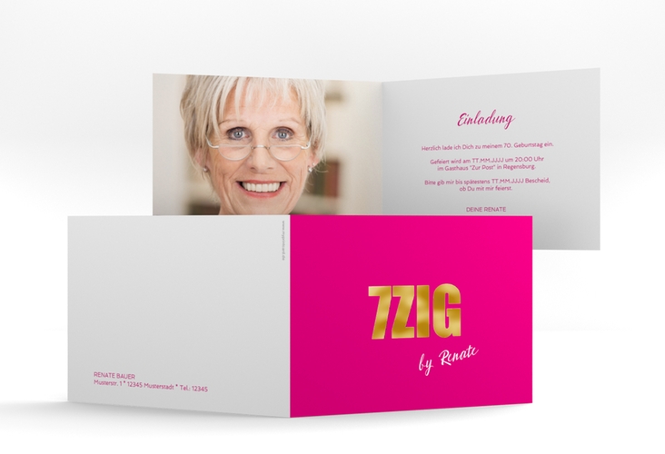 Einladung 70. Geburtstag Zig A6 Klappkarte quer pink gold