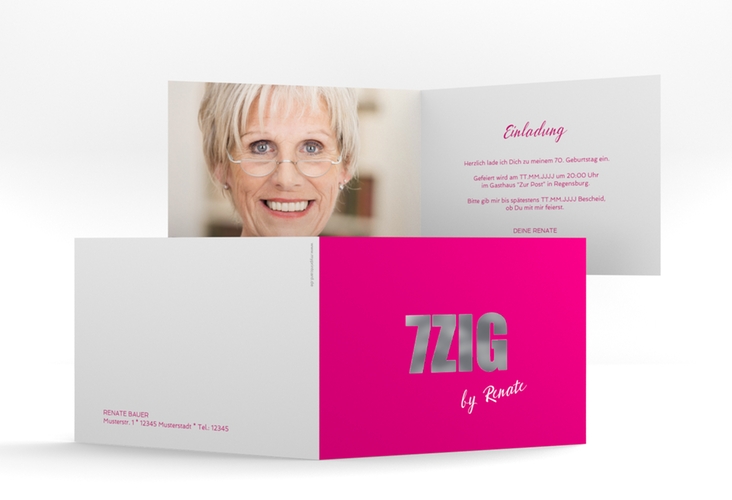 Einladung 70. Geburtstag Zig A6 Klappkarte quer pink silber