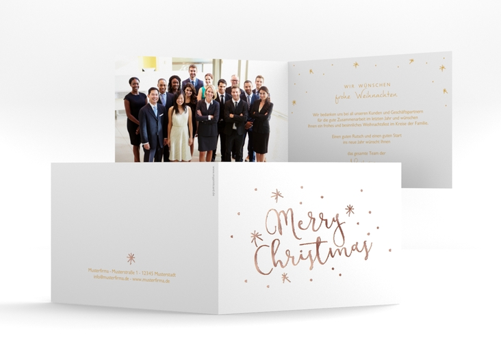 Business-Weihnachtskarte Winterfreude A6 Klappkarte quer gold rosegold